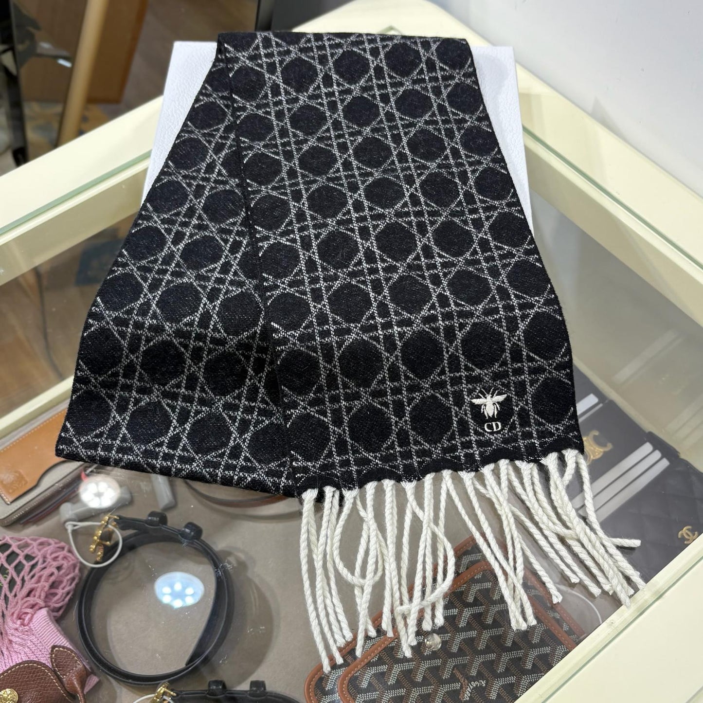Dior Cannage Scarf Black and White Cashmere