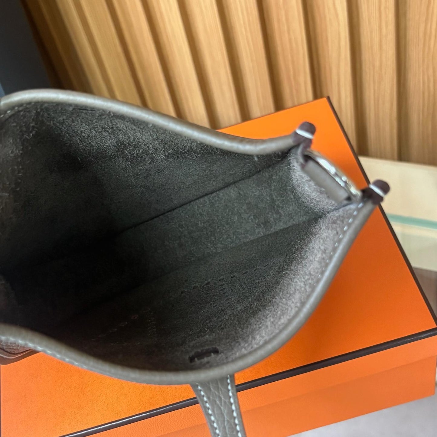 Hermes Mini Evelyne 16 Etoupe, Clemence, Silver, Stamp G