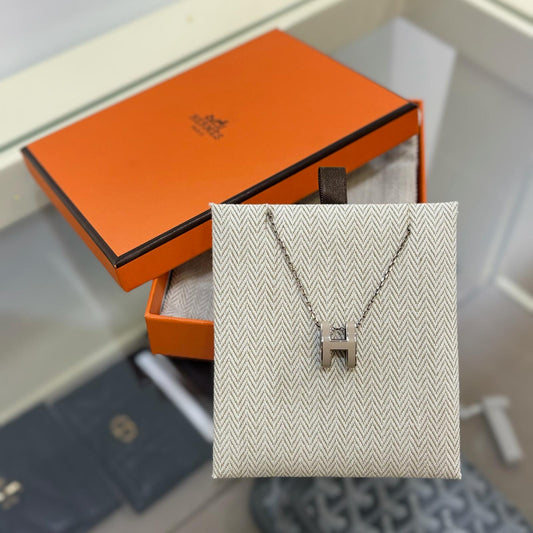Hermes Pop H Necklace Silver Grey Marron Glace (A)