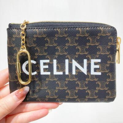 Celine Coin and Card Pouch White Logo Canvas Tan