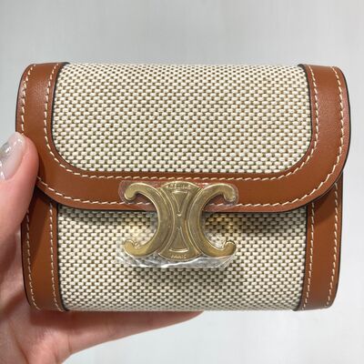 Celine Small Triomphe Wallet Textile White Tan