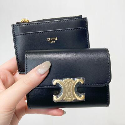 Celine Triomphe Compact Wallet With Coin Black