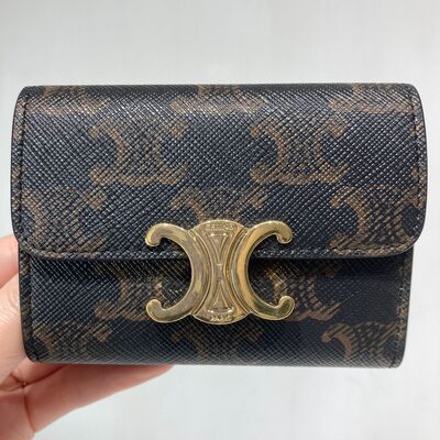 Celine Triomphe Compact Wallet With Coin Canvas Tan