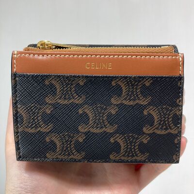 Celine Triomphe Compact Wallet With Coin Canvas Tan