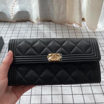 Chanel Boy Long Wallet Cow Black Gold