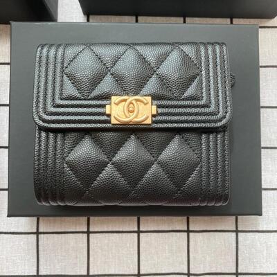 Chanel Boy Trifold Wallet Cow Black Gold