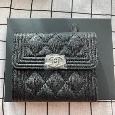 Chanel Boy Trifold Wallet Cow Black Silver