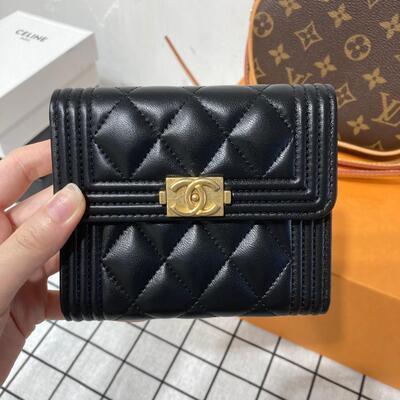Chanel Boy Trifold Wallet Lamb Black Gold