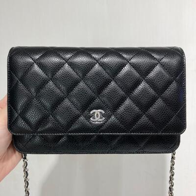 Chanel Classic Wallet On Chain Cow Black Silver