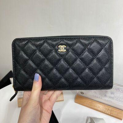 Chanel Classic Zip Long Wallet Cow Black Gold
