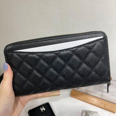 Chanel Classic Zip Long Wallet Cow Black Gold