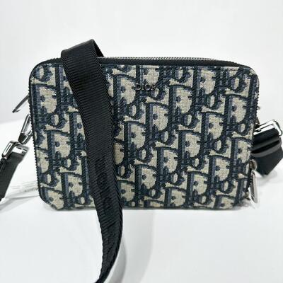Dior Mens Zipped Pouch with Strap Oblique Blue