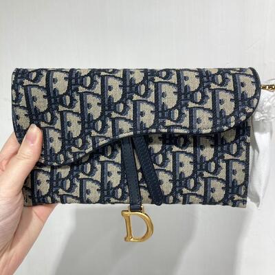Dior Small Saddle Pouch with Chain Oblique Blue