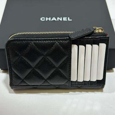 Chanel Classic Zip Long Cardholder Cow Black Gold
