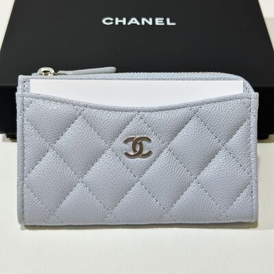 Chanel Classic Zip Long Cardholder Cow Light Grey Silver