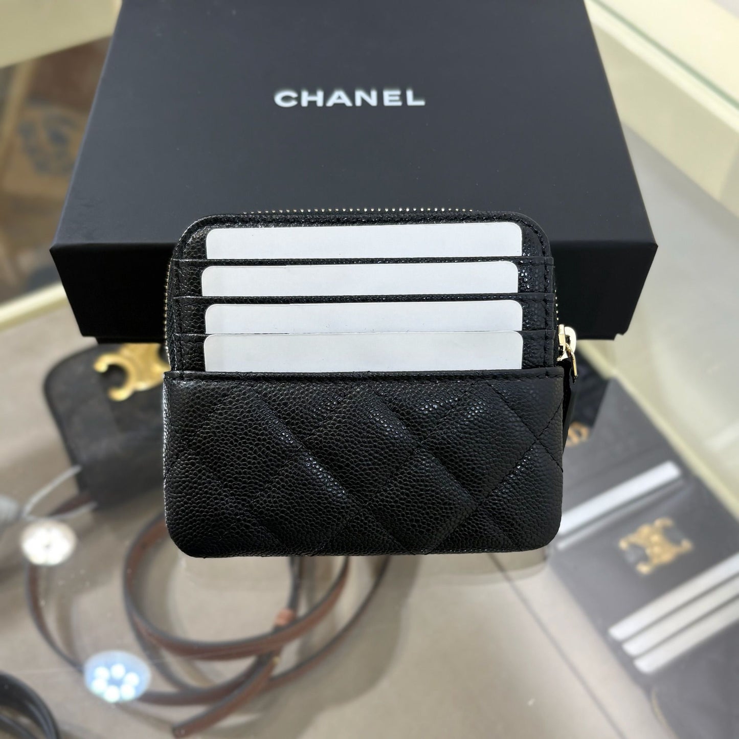 Chanel Classic Zipped Square Coin Purse Calfskin Black Gold