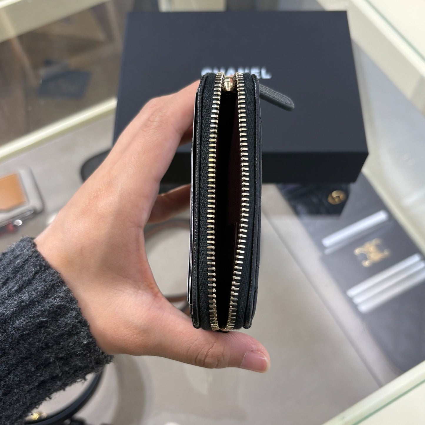 Chanel Classic Zipped Square Coin Purse Calfskin Black Gold