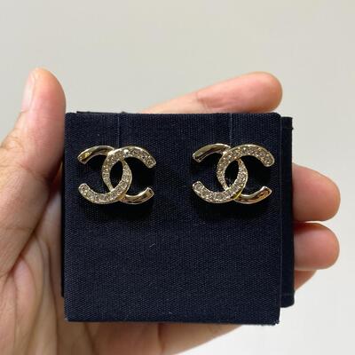 Chanel Earring Gold CC Logo Crystal/Metal