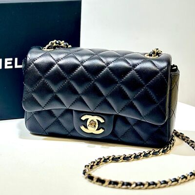 Chanel Mini Flap Bag Black Gold Lamb 18cm