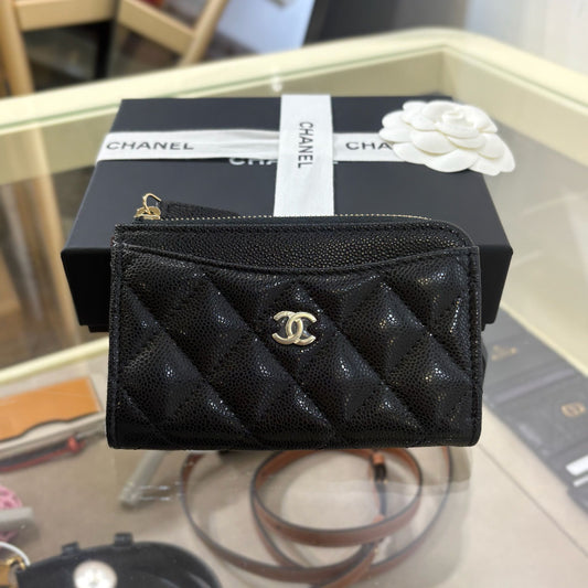 Chanel Zipped Long Cardholder Shiny Calfskin Black Gold