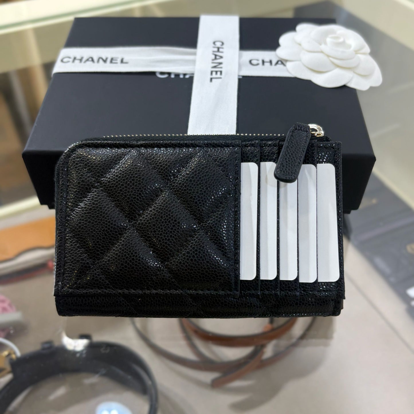Chanel Zipped Long Cardholder Shiny Calfskin Black Gold