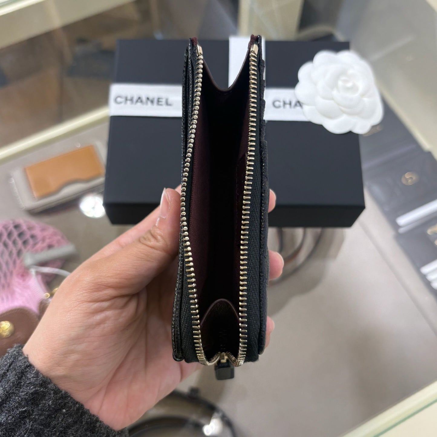 Chanel Zipped Long Cardholder Shiny Calfskin Black Gold