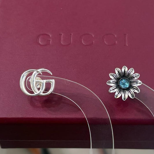 Gucci 925 GG Marmont Stud Earrings Blue Flower