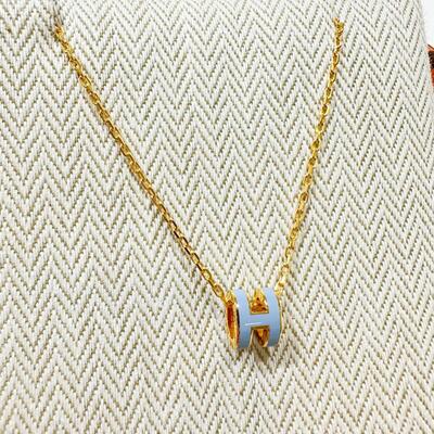 Hermes Mini Pop H Necklace Gold Light Blue (Bleu Lin)