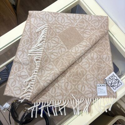 Loewe Anagram Scarf In Wool And Cashmere White Beige