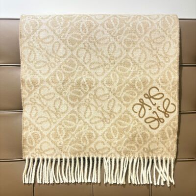 Loewe Anagram Scarf In Wool And Cashmere White Beige