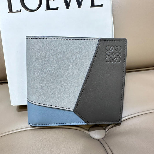 Loewe Mens Puzzle Bifold Wallet In Calfskin Asphalt Grey Storm Blue