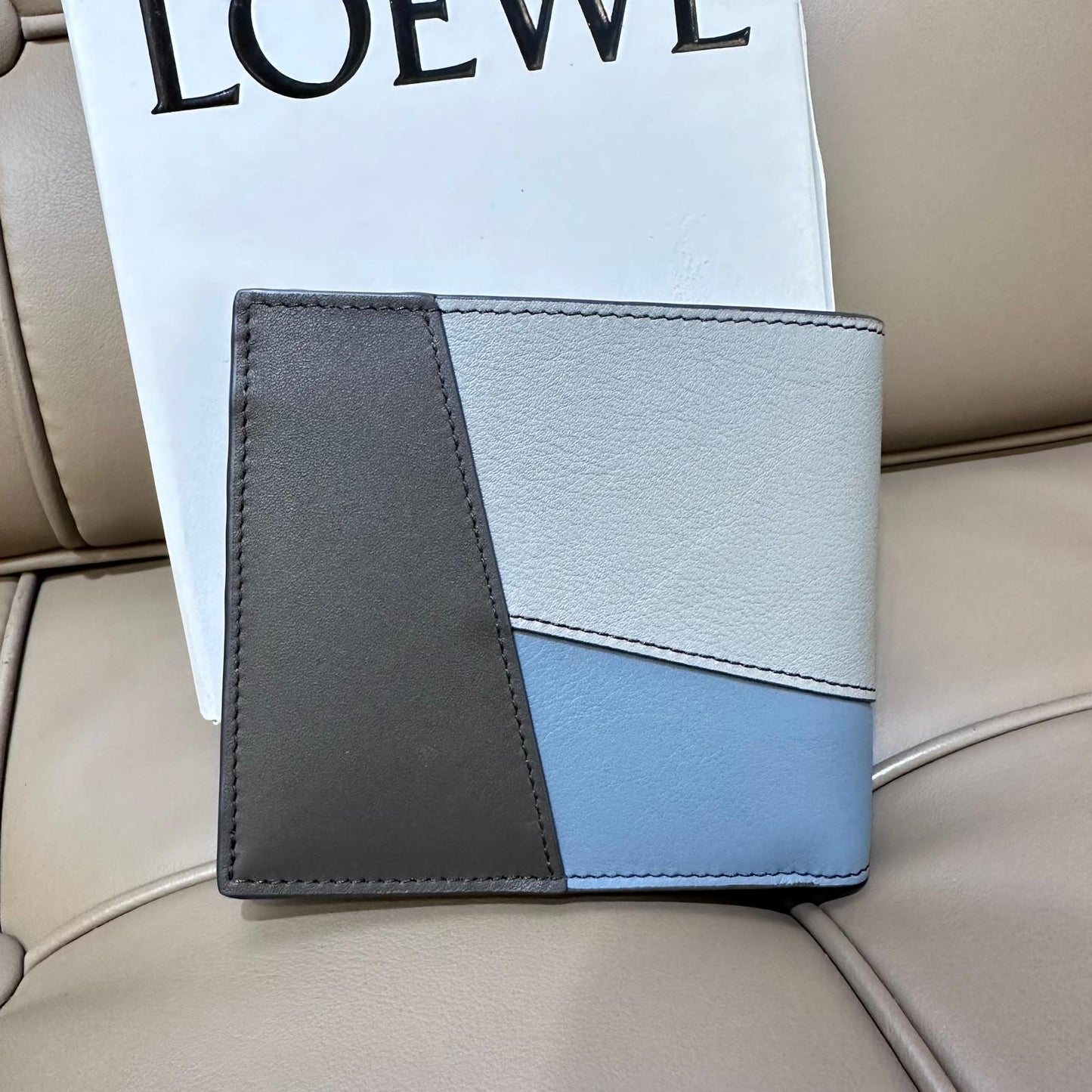 Loewe Mens Puzzle Bifold Wallet In Calfskin Asphalt Grey Storm Blue