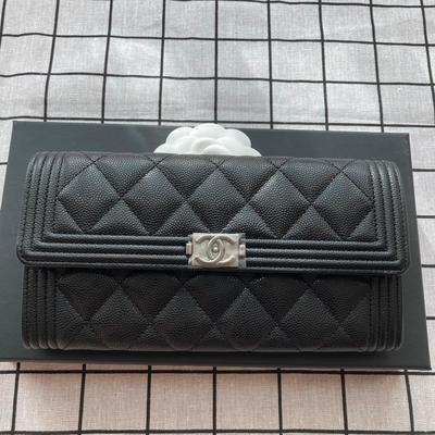 Chanel Boy Long Wallet Cow Black Silver