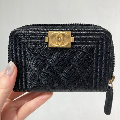 Chanel Boy Zip Coinholder Black Cow Gold