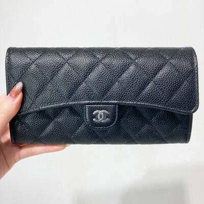 Chanel Classic Long Wallet Cow Black Silver