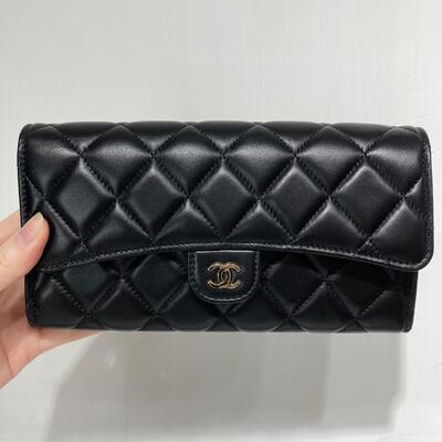 Chanel Classic Long Wallet Lamb Black Gold