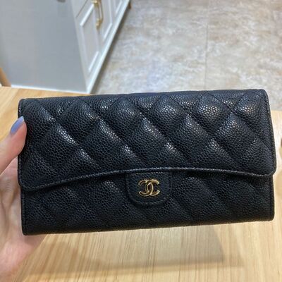 Chanel Classic Long Wallet Cow Black Gold
