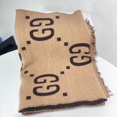 Gucci GG Jacquard wool silk scarf Brown Beige