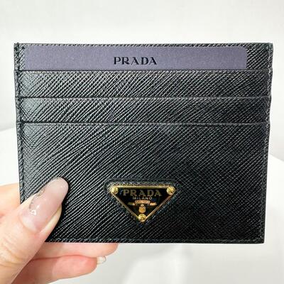 Prada Saffiano Leather Cardholder Black Triangle Gold