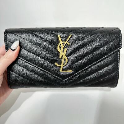 YSL Monogram Long Flap Wallet Black Gold