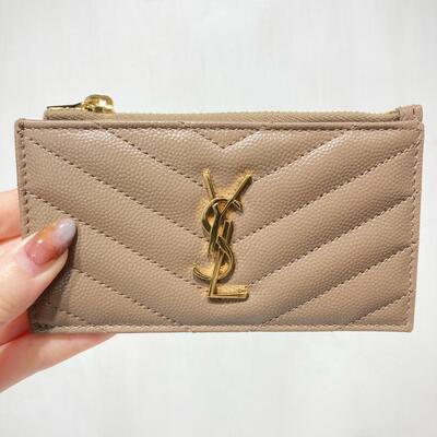 YSL Monogram Zip Cardcase Beige Gold