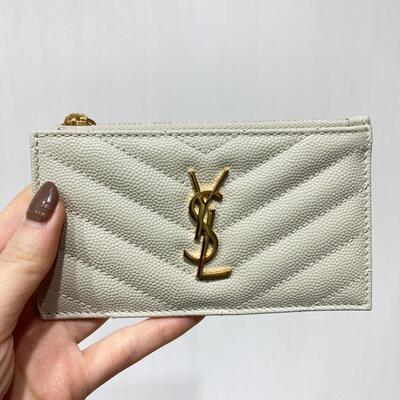 YSL Monogram Zip Cardcase White Gold